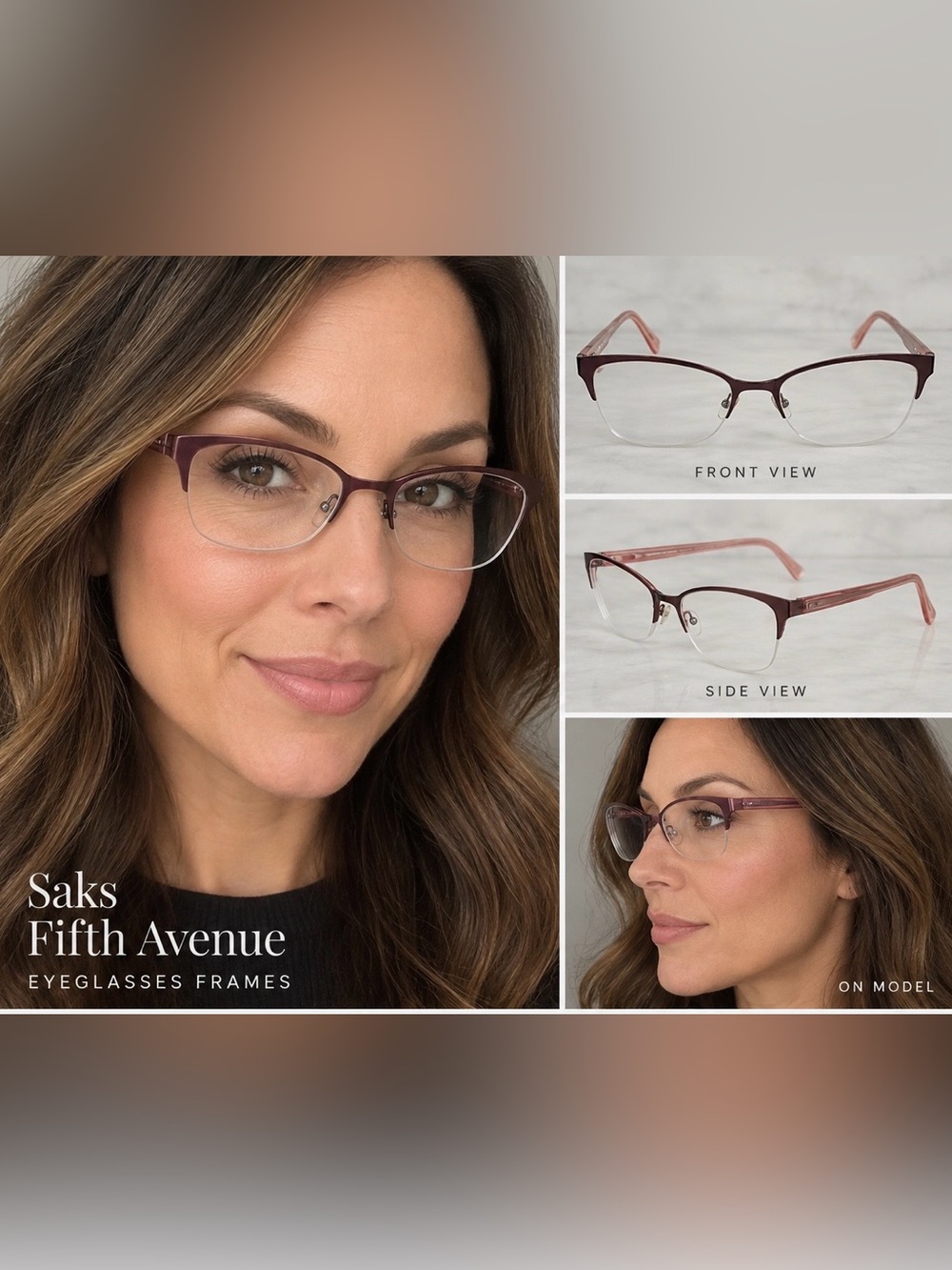 Saks Fifth Avenue Women's Plum and Rose Semi-Rim Cat-Eye Glasses